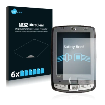 Vorderseite einer Produktverpackung mit dem Markenlogo Savvies. Daneben ist das Gerät HP iPAQ hx2110 mit dem zugehörigen Displ