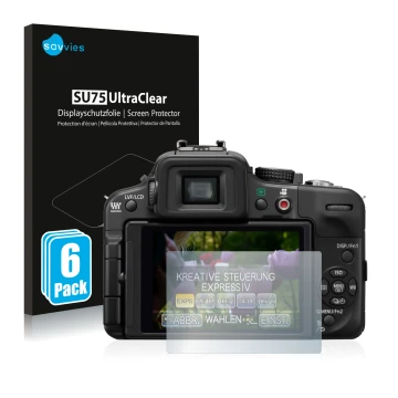 Vorderseite einer Produktverpackung mit dem Markenlogo Savvies. Daneben ist das Gerät Panasonic Lumix DMC-G3 mit dem zugehörig