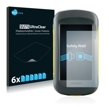 Vorderseite einer Produktverpackung mit dem Markenlogo Savvies. Daneben ist das Gerät Garmin Montana 600 mit dem zugehörigen D