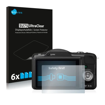 Vorderseite einer Produktverpackung mit dem Markenlogo Savvies. Daneben ist das Gerät Panasonic Lumix DMC-GF3 mit dem zugehöri