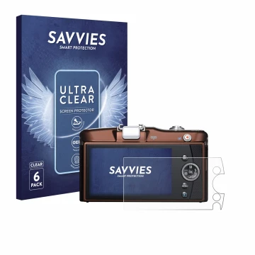 Vorderseite einer Produktverpackung mit dem Markenlogo Savvies. Daneben ist das Gerät Olympus PEN E-PM1 mit dem zugehörigen Di