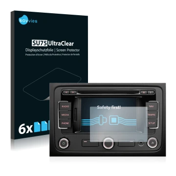 Vorderseite einer Produktverpackung mit dem Markenlogo Savvies. Daneben ist das Gerät Volkswagen Passat B7 2010-2015 RNS 315 5