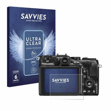 Vorderseite einer Produktverpackung mit dem Markenlogo Savvies. Daneben ist das Gerät Nikon Coolpix P7100 mit dem zugehörigen 