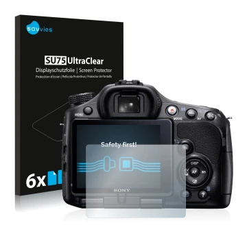 Vorderseite einer Produktverpackung mit dem Markenlogo Savvies. Daneben ist das Gerät Sony Alpha 65V (SLT-A65V) mit dem zugehö