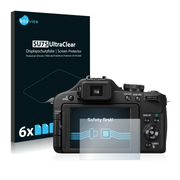 Vorderseite einer Produktverpackung mit dem Markenlogo Savvies. Daneben ist das Gerät Panasonic Lumix DMC-FZ150 mit dem zugehö