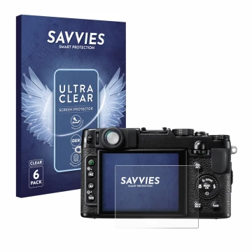 Vorderseite einer Produktverpackung mit dem Markenlogo Savvies. Daneben ist das Gerät Fujifilm FinePix X10 mit dem zugehörigen