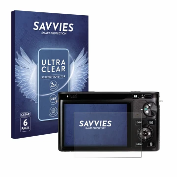 Vorderseite einer Produktverpackung mit dem Markenlogo Savvies. Daneben ist das Gerät Nikon 1 J1 mit dem zugehörigen Displaysc