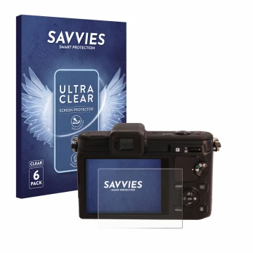 Vorderseite einer Produktverpackung mit dem Markenlogo Savvies. Daneben ist das Gerät Nikon 1 V1 mit dem zugehörigen Displaysc