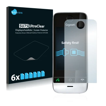 Vorderseite einer Produktverpackung mit dem Markenlogo Savvies. Daneben ist das Gerät Gigaset SL910 (runde Aussparung) mit dem