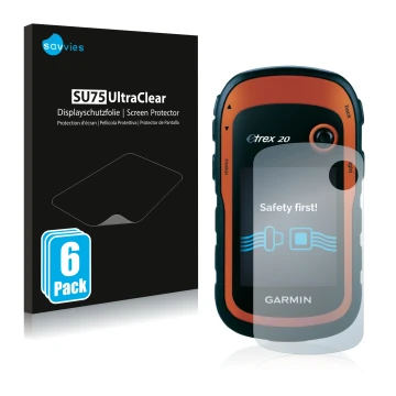 Vorderseite einer Produktverpackung mit dem Markenlogo Savvies. Daneben ist das Gerät Garmin eTrex 20 mit dem zugehörigen Disp