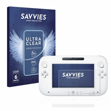 Vorderseite einer Produktverpackung mit dem Markenlogo Savvies. Daneben ist das Gerät Nintendo Wii U GamePad (Controller) mit 