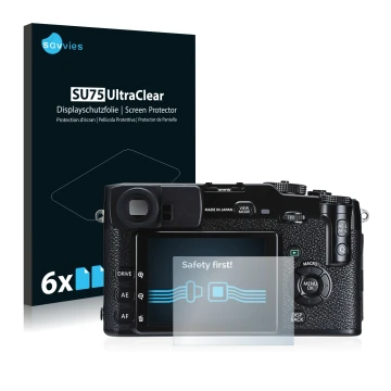 Vorderseite einer Produktverpackung mit dem Markenlogo Savvies. Daneben ist das Gerät Fujifilm X-Pro1 mit dem zugehörigen Disp