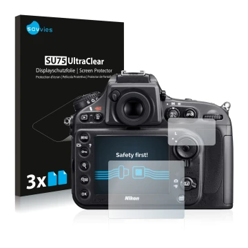 Vorderseite einer Produktverpackung mit dem Markenlogo Savvies. Daneben ist das Gerät Nikon D800 mit dem zugehörigen Displaysc