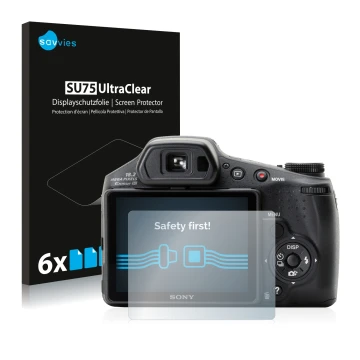 Vorderseite einer Produktverpackung mit dem Markenlogo Savvies. Daneben ist das Gerät Sony Cyber-Shot DSC-HX200V mit dem zugeh