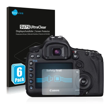 Vorderseite einer Produktverpackung mit dem Markenlogo Savvies. Daneben ist das Gerät Canon EOS 5D Mark III mit dem zugehörige