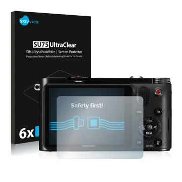 Vorderseite einer Produktverpackung mit dem Markenlogo Savvies. Daneben ist das Gerät Samsung NX1000 mit dem zugehörigen Displ