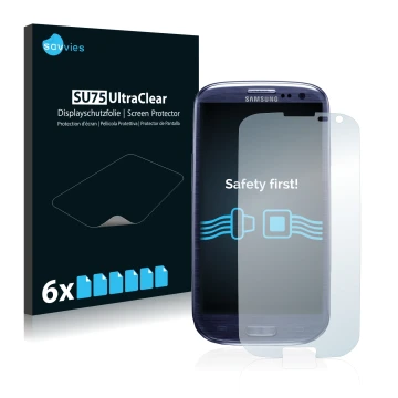 Vorderseite einer Produktverpackung mit dem Markenlogo Savvies. Daneben ist das Gerät Samsung Galaxy S3 I9300 mit dem zugehöri