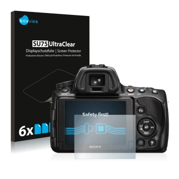 Vorderseite einer Produktverpackung mit dem Markenlogo Savvies. Daneben ist das Gerät Sony Alpha 37 (SLT-A37) mit dem zugehöri