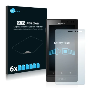 Vorderseite einer Produktverpackung mit dem Markenlogo Savvies. Daneben ist das Gerät Sony Xperia Sola MT27i mit dem zugehörig