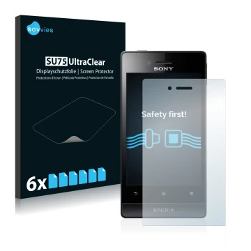 Vorderseite einer Produktverpackung mit dem Markenlogo Savvies. Daneben ist das Gerät Sony Xperia Miro ST23a ST23i mit dem zug