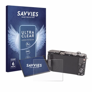 Vorderseite einer Produktverpackung mit dem Markenlogo Savvies. Daneben ist das Gerät Samsung EX2F mit dem zugehörigen Display