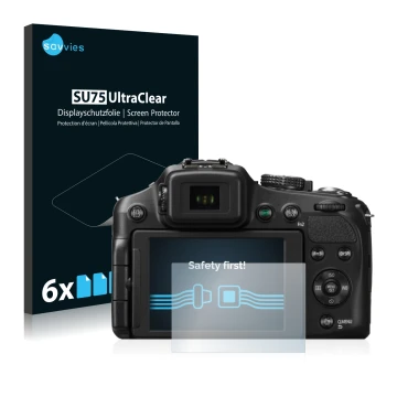 Vorderseite einer Produktverpackung mit dem Markenlogo Savvies. Daneben ist das Gerät Panasonic Lumix DMC-FZ200 mit dem zugehö