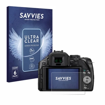 Vorderseite einer Produktverpackung mit dem Markenlogo Savvies. Daneben ist das Gerät Panasonic Lumix DMC-G5 mit dem zugehörig