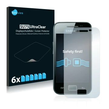 Vorderseite einer Produktverpackung mit dem Markenlogo Savvies. Daneben ist das Gerät Samsung Galaxy Ace S5830i mit dem zugehö