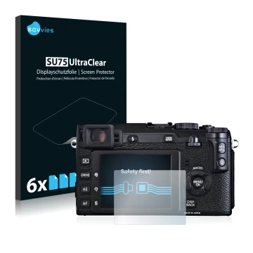 Vorderseite einer Produktverpackung mit dem Markenlogo Savvies. Daneben ist das Gerät Fujifilm X-E1 mit dem zugehörigen Displa