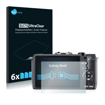 Vorderseite einer Produktverpackung mit dem Markenlogo Savvies. Daneben ist das Gerät Pentax Q10 mit dem zugehörigen Displaysc