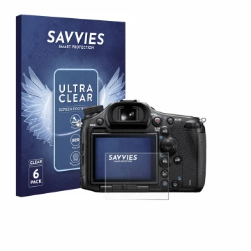 Vorderseite einer Produktverpackung mit dem Markenlogo Savvies. Daneben ist das Gerät Sony Alpha 99 mit dem zugehörigen Displa