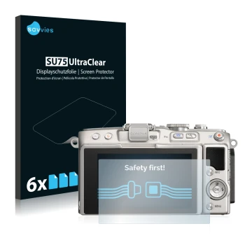 Vorderseite einer Produktverpackung mit dem Markenlogo Savvies. Daneben ist das Gerät Olympus PEN Lite E-PL5 mit dem zugehörig