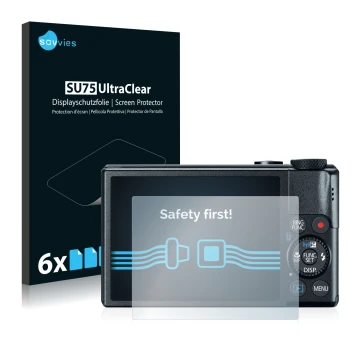 Vorderseite einer Produktverpackung mit dem Markenlogo Savvies. Daneben ist das Gerät Canon PowerShot S110 mit dem zugehörigen