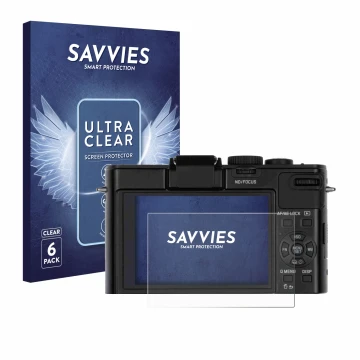 Vorderseite einer Produktverpackung mit dem Markenlogo Savvies. Daneben ist das Gerät Leica D-Lux 6 mit dem zugehörigen Displa