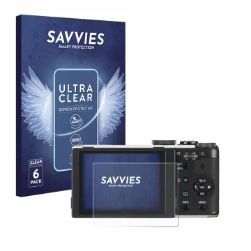 Vorderseite einer Produktverpackung mit dem Markenlogo Savvies. Daneben ist das Gerät Pentax MX-1 mit dem zugehörigen Displays