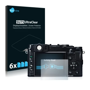 Vorderseite einer Produktverpackung mit dem Markenlogo Savvies. Daneben ist das Gerät Fujifilm X20 mit dem zugehörigen Display