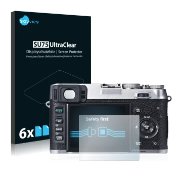 Vorderseite einer Produktverpackung mit dem Markenlogo Savvies. Daneben ist das Gerät Fujifilm X100S mit dem zugehörigen Displ