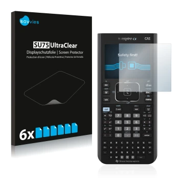 Vorderseite einer Produktverpackung mit dem Markenlogo Savvies. Daneben ist das Gerät Texas Instruments Nspire CX CAS mit dem 