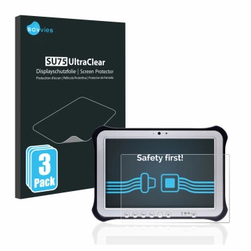 Vorderseite einer Produktverpackung mit dem Markenlogo Savvies. Daneben ist das Gerät Panasonic Toughpad FZ-G1 mit dem zugehör