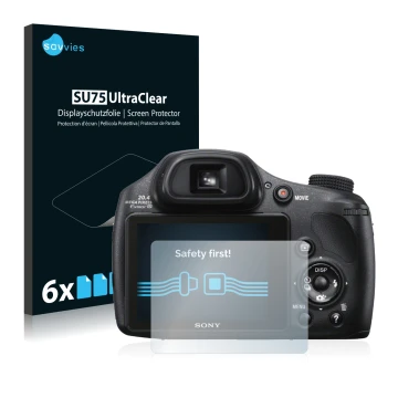 Vorderseite einer Produktverpackung mit dem Markenlogo Savvies. Daneben ist das Gerät Sony Cyber-Shot DSC-HX300 mit dem zugehö