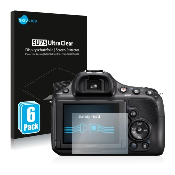 Vorderseite einer Produktverpackung mit dem Markenlogo Savvies. Daneben ist das Gerät Sony Alpha 58 (SLT-A58) mit dem zugehöri