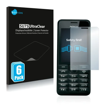 Vorderseite einer Produktverpackung mit dem Markenlogo Savvies. Daneben ist das Gerät Nokia 301 mit dem zugehörigen Displaysch