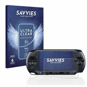 Vorderseite einer Produktverpackung mit dem Markenlogo Savvies. Daneben ist das Gerät Sony PSP 1004 mit dem zugehörigen Displa