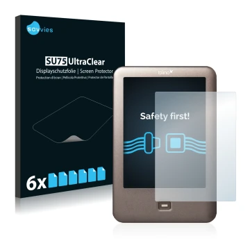 Vorderseite einer Produktverpackung mit dem Markenlogo Savvies. Daneben ist das Gerät Tolino Shine mit dem zugehörigen Display