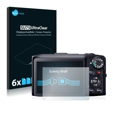 Vorderseite einer Produktverpackung mit dem Markenlogo Savvies. Daneben ist das Gerät Canon PowerShot SX280 HS mit dem zugehör