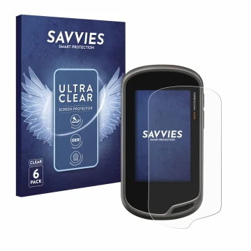 Vorderseite einer Produktverpackung mit dem Markenlogo Savvies. Daneben ist das Gerät Garmin Oregon 600 mit dem zugehörigen Di