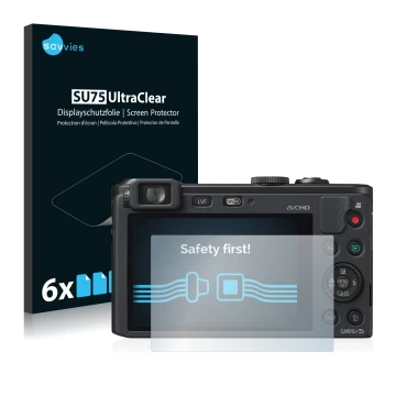Vorderseite einer Produktverpackung mit dem Markenlogo Savvies. Daneben ist das Gerät Panasonic Lumix DMC-LF1 mit dem zugehöri