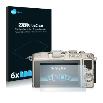 Vorderseite einer Produktverpackung mit dem Markenlogo Savvies. Daneben ist das Gerät Olympus PEN E-PL6 mit dem zugehörigen Di