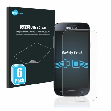 Vorderseite einer Produktverpackung mit dem Markenlogo Savvies. Daneben ist das Gerät Samsung Galaxy S4 Mini mit dem zugehörig