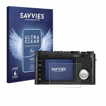Vorderseite einer Produktverpackung mit dem Markenlogo Savvies. Daneben ist das Gerät Leica X Vario mit dem zugehörigen Displa